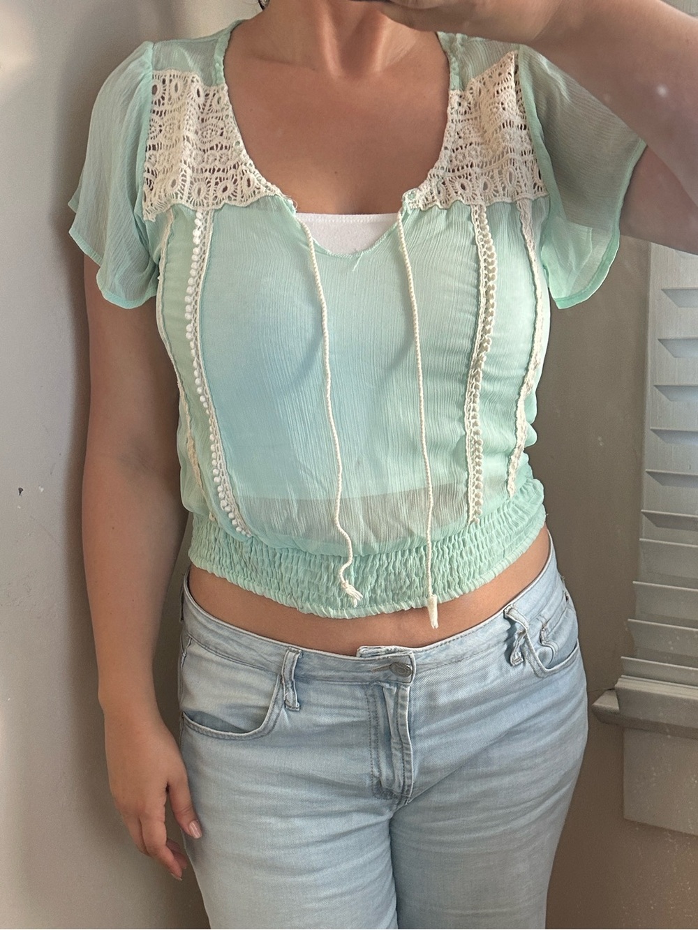 Light Mint Seafoam Green White Lace Crochet-Trim Sheer Blouse Tie Front V Neck